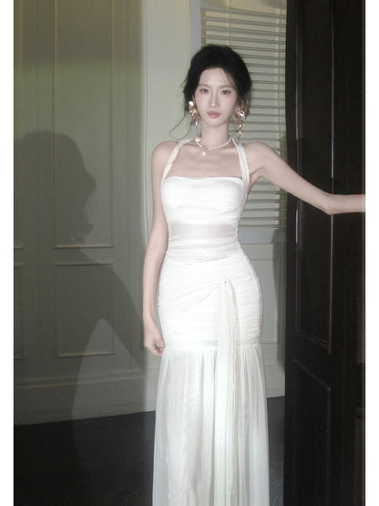 Unique Women's Mermaid Halter Chiffon White Ruffled Maxi Dress Date Night Outfits Outdoor Semi Formal Wedding Guest Dress RB5097