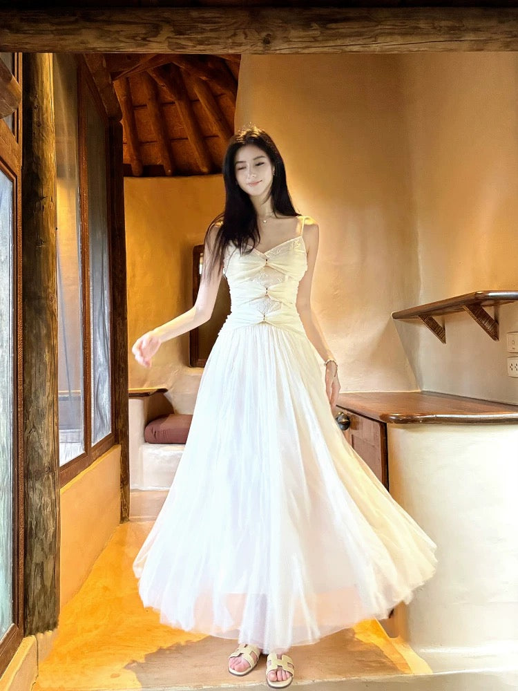 Modest Women's A Line Spaghetti Strap With Ruffled Maxi Dress Date Night Outfits Outdoor Semi Formal Wedding Guest Dresses RB5099