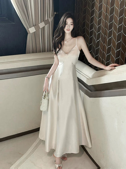Modest Women's A Line Spaghetti Strap Satin Maxi Dress Date Night Outfits Outdoor Semi Formal Wedding Guest Dresses RB5100