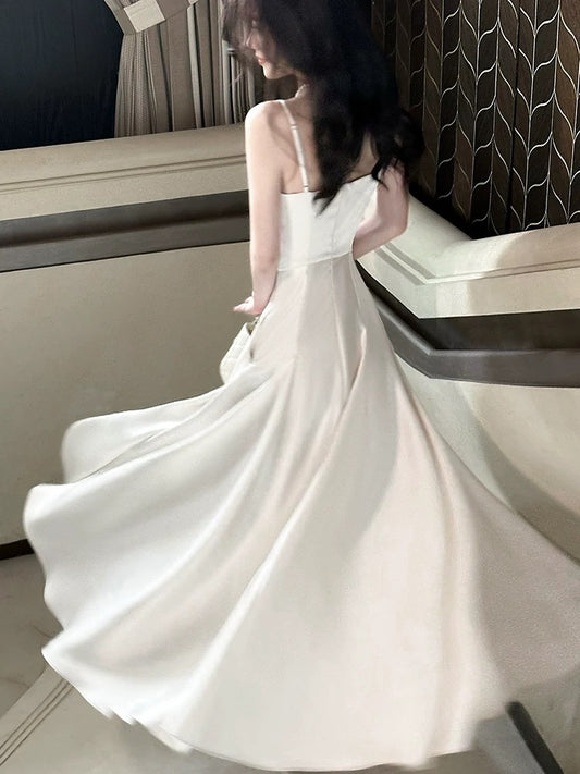 Modest Women's A Line Spaghetti Strap Satin Maxi Dress Date Night Outfits Outdoor Semi Formal Wedding Guest Dresses RB5100