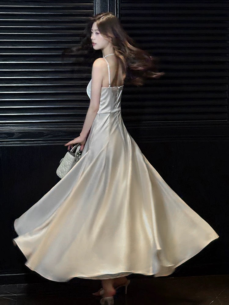 Modest Women's A Line Spaghetti Strap Satin Maxi Dress Date Night Outfits Outdoor Semi Formal Wedding Guest Dresses RB5100