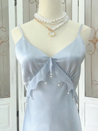 Modest Women's Mermaid Spaghetti Strap Dusty Blue Satin Maxi Dress Date Night Outfits Outdoor Semi Formal Wedding Guest Dresses RB5102
