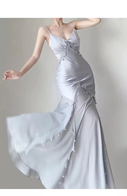 Modest Women's Mermaid Spaghetti Strap Dusty Blue Satin Maxi Dress Date Night Outfits Outdoor Semi Formal Wedding Guest Dresses RB5102