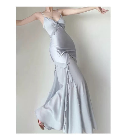 Modest Women's Mermaid Spaghetti Strap Dusty Blue Satin Maxi Dress Date Night Outfits Outdoor Semi Formal Wedding Guest Dresses RB5102