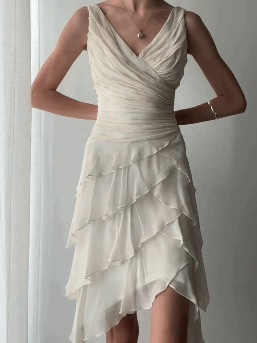 Pretty A line V Neck White Chiffon Mini Short Cocktail Homecoming Dresses Ideas Hoco Outfits RB5101