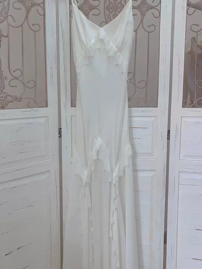 Modest Women's Mermaid Spaghetti Strap White Satin Maxi Dress Date Night Outfits Outdoor Semi Formal Wedding Guest Dresses RB5104