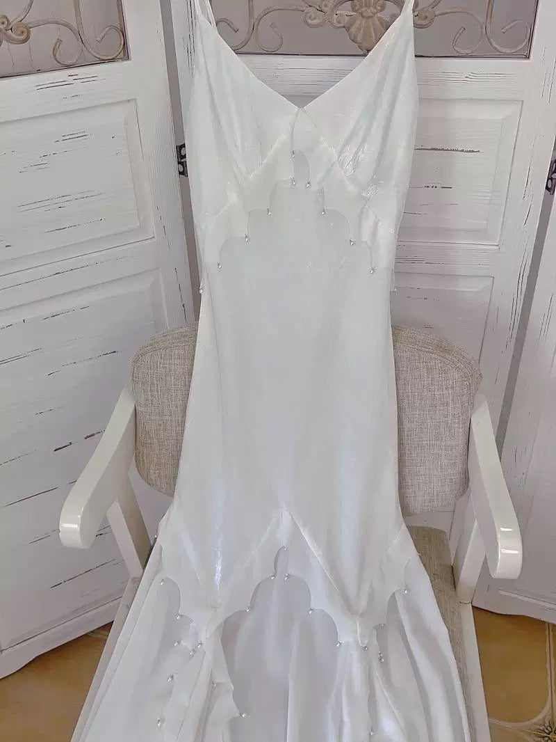 Modest Women's Mermaid Spaghetti Strap White Satin Maxi Dress Date Night Outfits Outdoor Semi Formal Wedding Guest Dresses RB5104