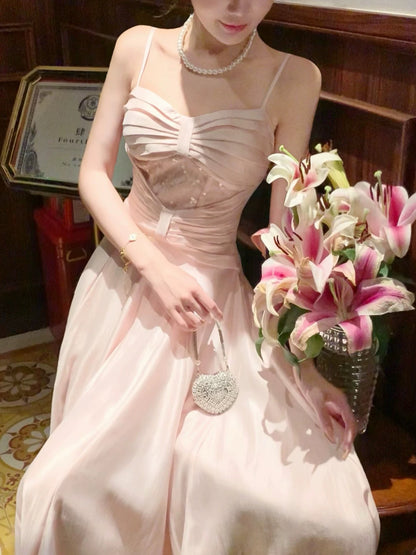 Dazzling A Line Spaghetti Strap Pink With Sequin Outdoor Semi Formal Garden Beach Event Outfits Wedding Guest Dresses RB5106