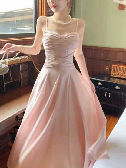 Dazzling A Line Spaghetti Strap Pink With Sequin Outdoor Semi Formal Garden Beach Event Outfits Wedding Guest Dresses RB5106