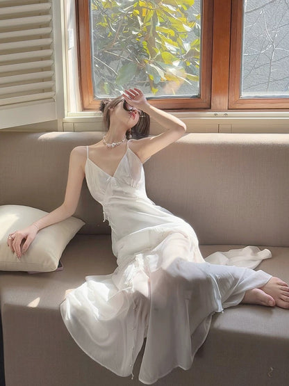 Modest Women's Mermaid Spaghetti Strap White Satin Maxi Dress Date Night Outfits Outdoor Semi Formal Wedding Guest Dress RB5107
