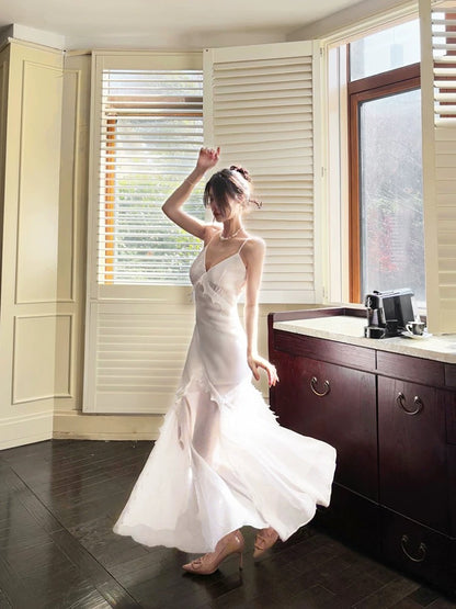 Modest Women's Mermaid Spaghetti Strap White Satin Maxi Dress Date Night Outfits Outdoor Semi Formal Wedding Guest Dress RB5107