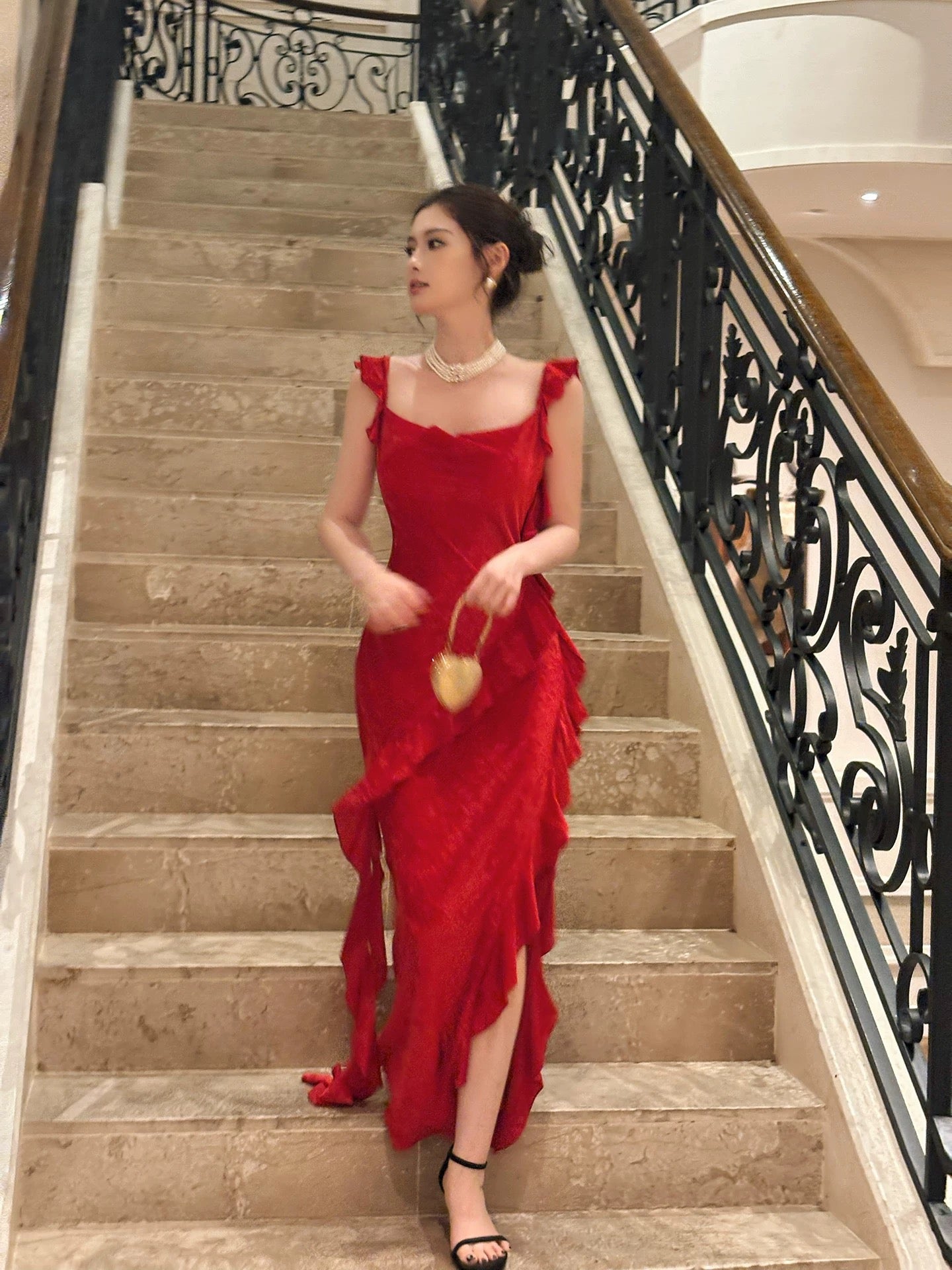 Stylish Mermaid Square Neck Red With Split Long Floor Length Evening Dresses Inspo Evening Outfits RB5109