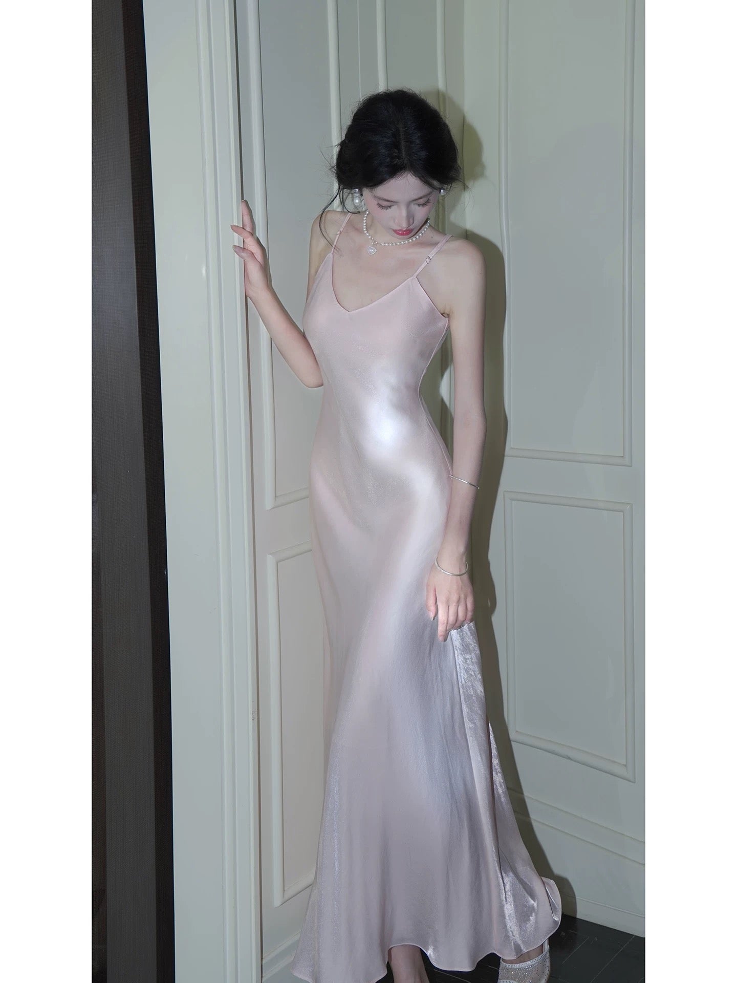 Modest Women's Mermaid Spaghetti Strap Pink Satin Maxi Dress Date Night Outfits Outdoor Semi Formal Wedding Guest Dress RB5110