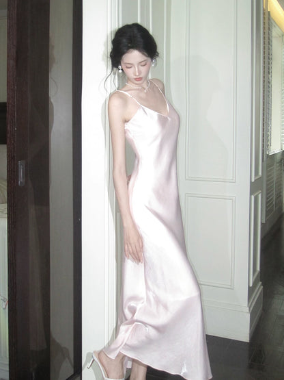 Modest Women's Mermaid Spaghetti Strap Pink Satin Maxi Dress Date Night Outfits Outdoor Semi Formal Wedding Guest Dress RB5110