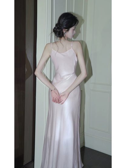 Modest Women's Mermaid Spaghetti Strap Pink Satin Maxi Dress Date Night Outfits Outdoor Semi Formal Wedding Guest Dress RB5110