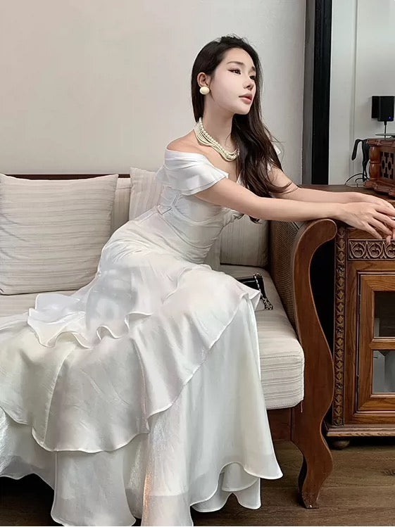 Ethereal Women's Mermaid Off The Shoulder White Maxi Dress Date Night Outfits Outdoor Semi Formal Wedding Guest Dresses RB5120