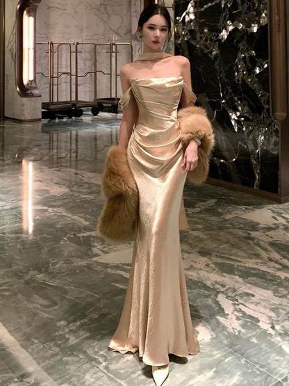 Stylish Mermaid Strapless Gold With Scarf Long Floor Length Evening Dresses Inspo Evening Outfits RB5113