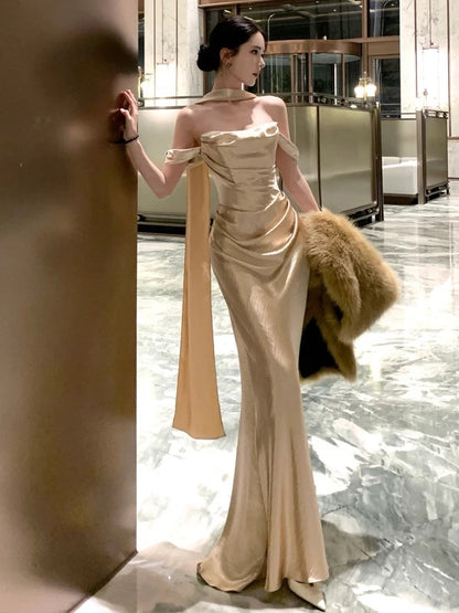 Stylish Mermaid Strapless Gold With Scarf Long Floor Length Evening Dresses Inspo Evening Outfits RB5113