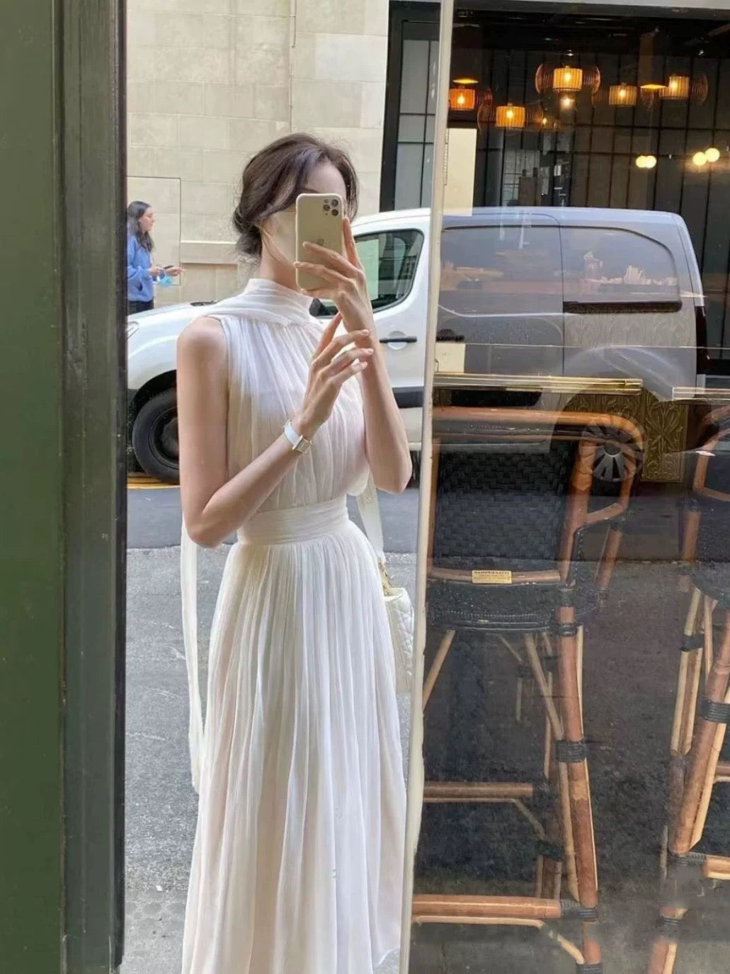 Stylish A Line High Neck White Chiffon With Scarf Long Floor Length Evening Dresses Inspo Evening Outfits RB5114