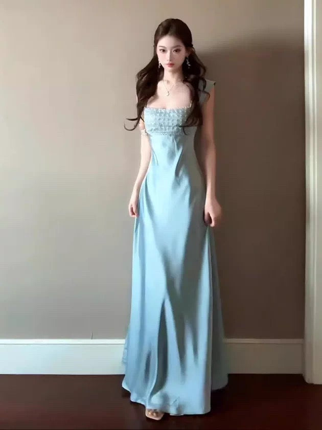Ethereal Women's A Line Square Neck Blue Satin Maxi Dress Date Night Outfits Outdoor Semi Formal Wedding Guest Dresses RB5115