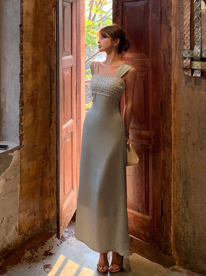 Ethereal Women's A Line Square Neck Blue Satin Maxi Dress Date Night Outfits Outdoor Semi Formal Wedding Guest Dresses RB5115