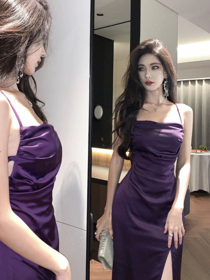 Dazzling Sheath Spaghetti Strap Purple Backless Satin Outdoor Semi Formal Garden Beach Event Outfits Wedding Guest Dresses RB5117