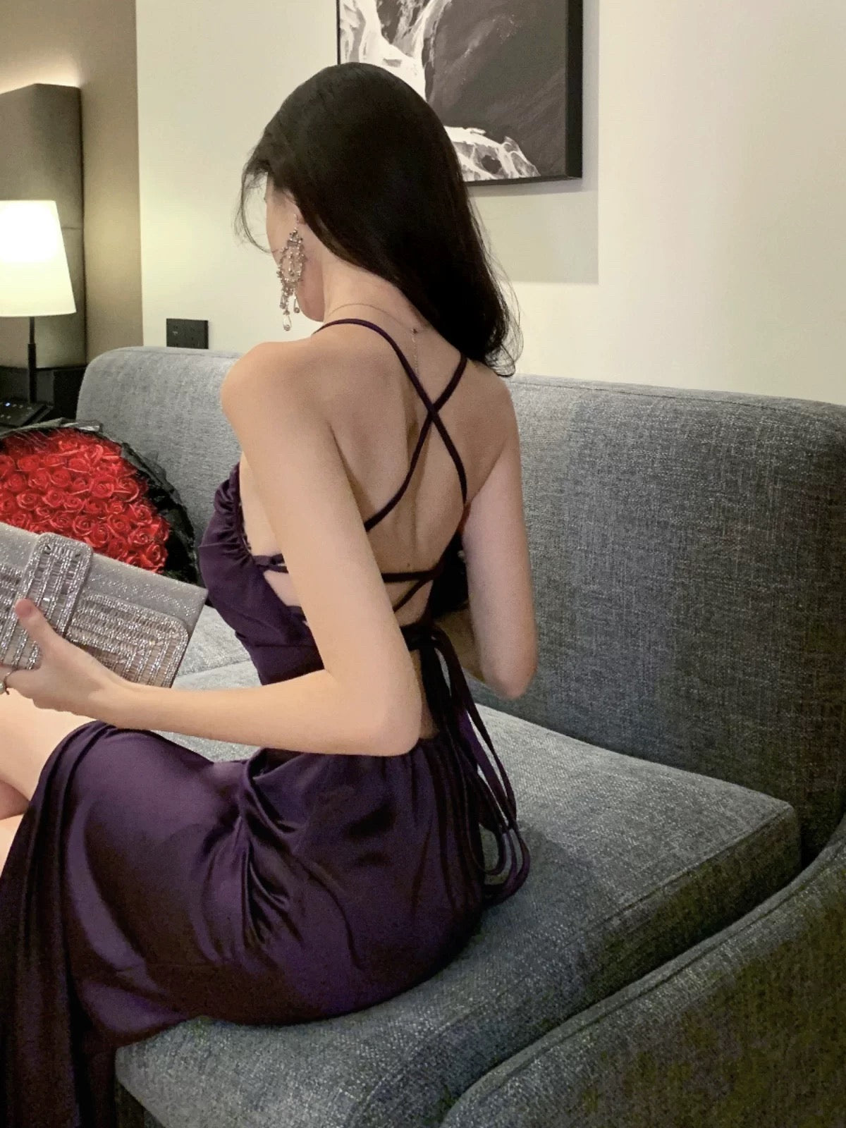 Dazzling Sheath Spaghetti Strap Purple Backless Satin Outdoor Semi Formal Garden Beach Event Outfits Wedding Guest Dresses RB5117