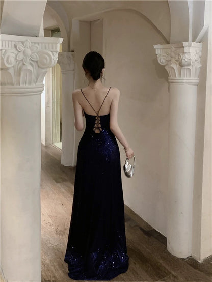 Mystical A Line Spaghetti Strap Navy Blue Sequin Slit Floor Length Date Night Outfits Formal Gown 18th Birthday Dresses RB5699