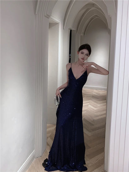 Mystical A Line Spaghetti Strap Navy Blue Sequin Slit Floor Length Date Night Outfits Formal Gown 18th Birthday Dresses RB5699