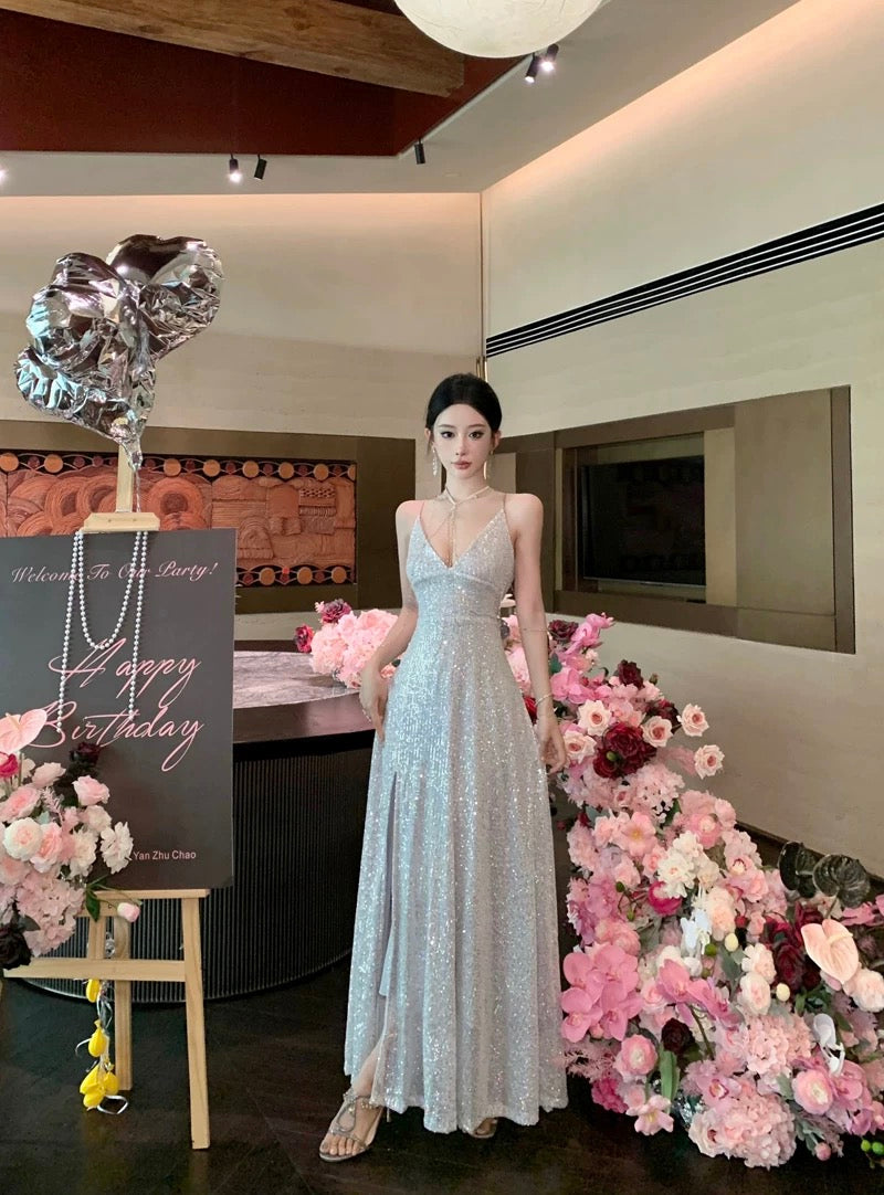 Sparkly A line Spaghetti Strap Sequin 18th Birthday Elegant Outfit Summer Long Slit Wedding Guest Dresses N4012