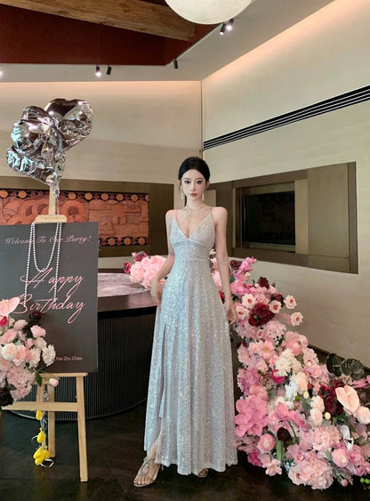 Mystical A Line Spaghetti Strap Navy Blue Sequin Slit Floor Length Date Night Outfits Formal Gown 18th Birthday Dresses RB5699