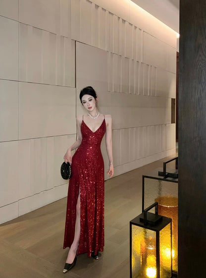 Sparkly A line Spaghetti Strap Sequin 18th Birthday Elegant Outfit Backless Slit Wedding Guest Dresses N4017