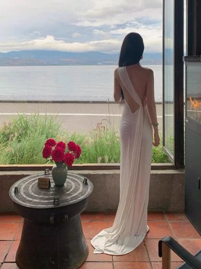 Sexy Mermaid One Shoulder White Chiffon Long Backless Date Night 18th Birthday Outfits Formal Prom Dresses RB5702