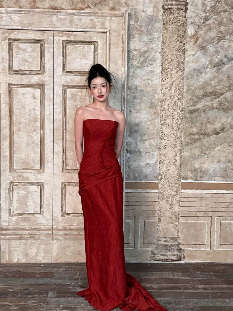 Sexy Mermaid Strapless Burgundy Taffeta Long Date Night 18th Birthday Outfits Formal Prom Dresses RB5704