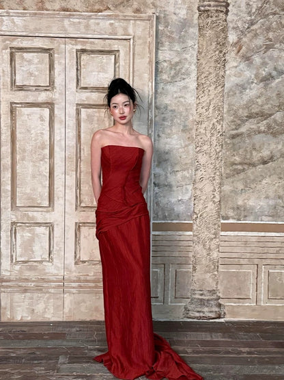 Sexy Mermaid Strapless Burgundy Taffeta Long Date Night 18th Birthday Outfits Formal Prom Dresses RB5704