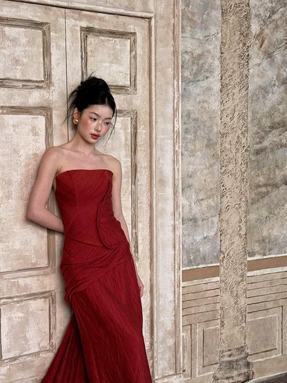 Sexy Mermaid Strapless Burgundy Taffeta Long Date Night 18th Birthday Outfits Formal Prom Dresses RB5704