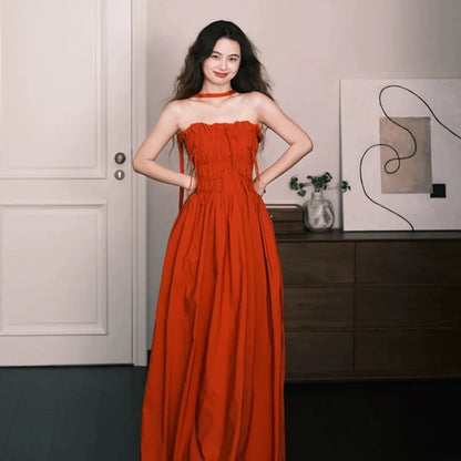 Sexy A line Strapless Rust Red Taffeta Long Date Night 18th Birthday Outfits Formal Prom Dresses RB5705