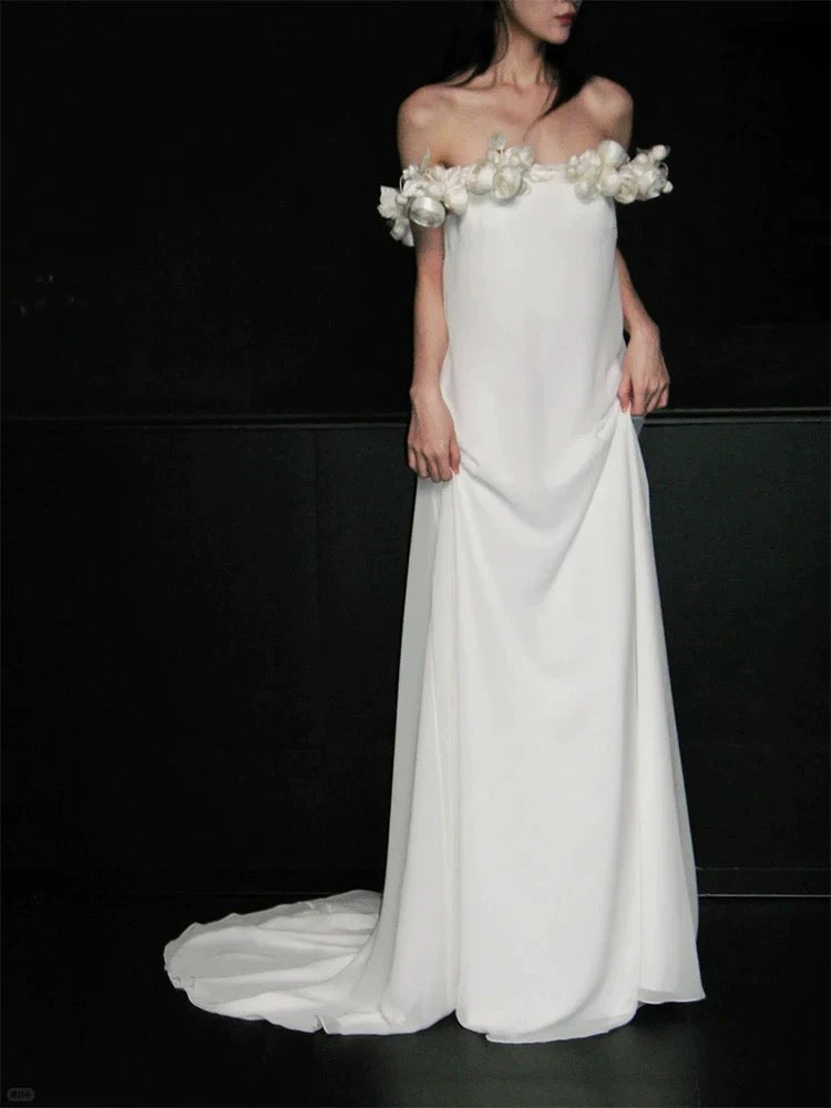 Charming A Line Off The Shoulder White Chiffon With Flowers Brides Gown Bridal Dress Long Wedding Dresses RB5711