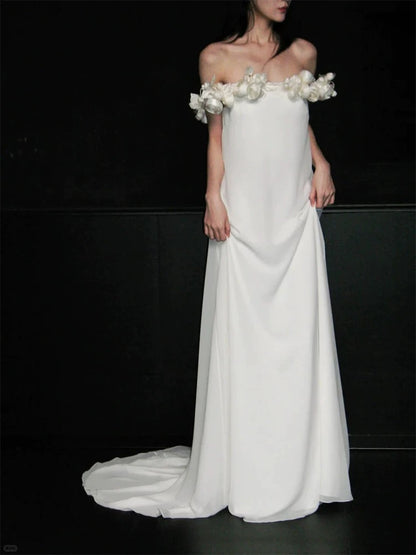 Charming A Line Off The Shoulder White Chiffon With Flowers Brides Gown Bridal Dress Long Wedding Dresses RB5711