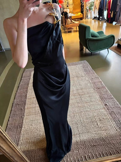Beautiful Mermaid One Shoulder Black Tie Dress With Gold Beads Long Date Night 18th Birthday Outfits Formal Prom Dresses RB5708