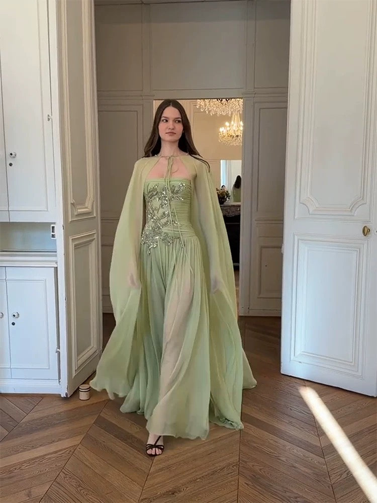 Beautiful A line Strapless Sage Green Chiffon With Cape Long Date Night 18th Birthday Outfits Formal Prom Dresses RB5707