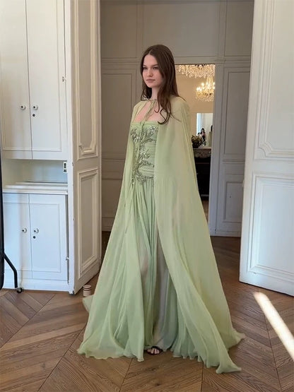 Beautiful A line Strapless Sage Green Chiffon With Cape Long Date Night 18th Birthday Outfits Formal Prom Dresses RB5707