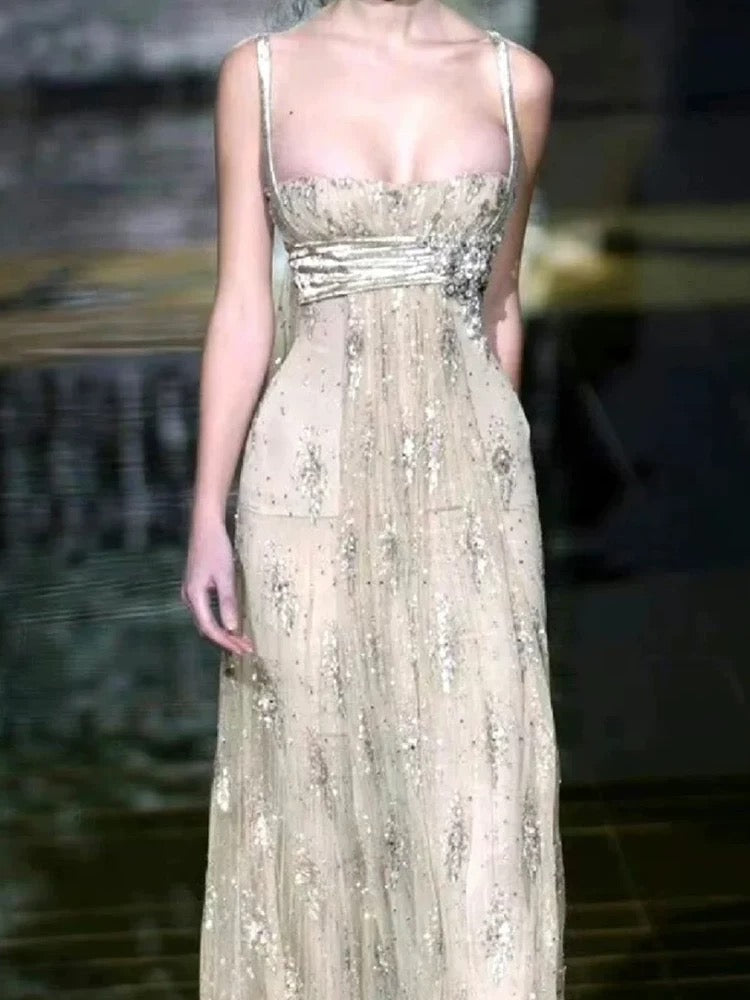 Beautiful A line Spaghetti Strap Champagne Tulle With Lace Long Date Night 18th Birthday Outfits Formal Prom Dresses RB5714