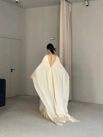 Beautiful A line Ivory Satin With Cape Long Date Night 18th Birthday Outfits Formal Prom Dresses RB5715