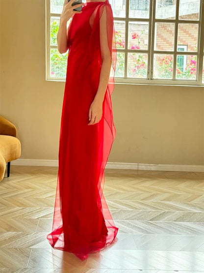 Elegant Mermaid Scoop Red Tulle Date Night Outfits Semi Formal Prom Gown Evening Dresses RB5545
