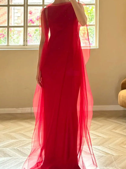 Elegant Mermaid Scoop Red Tulle Date Night Outfits Semi Formal Prom Gown Evening Dresses RB5545