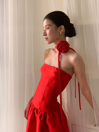 Elegant A Line Strapless Red Satin Date Night Outfits Ankle Length Formal Prom Gown Evening Dresses RB5546