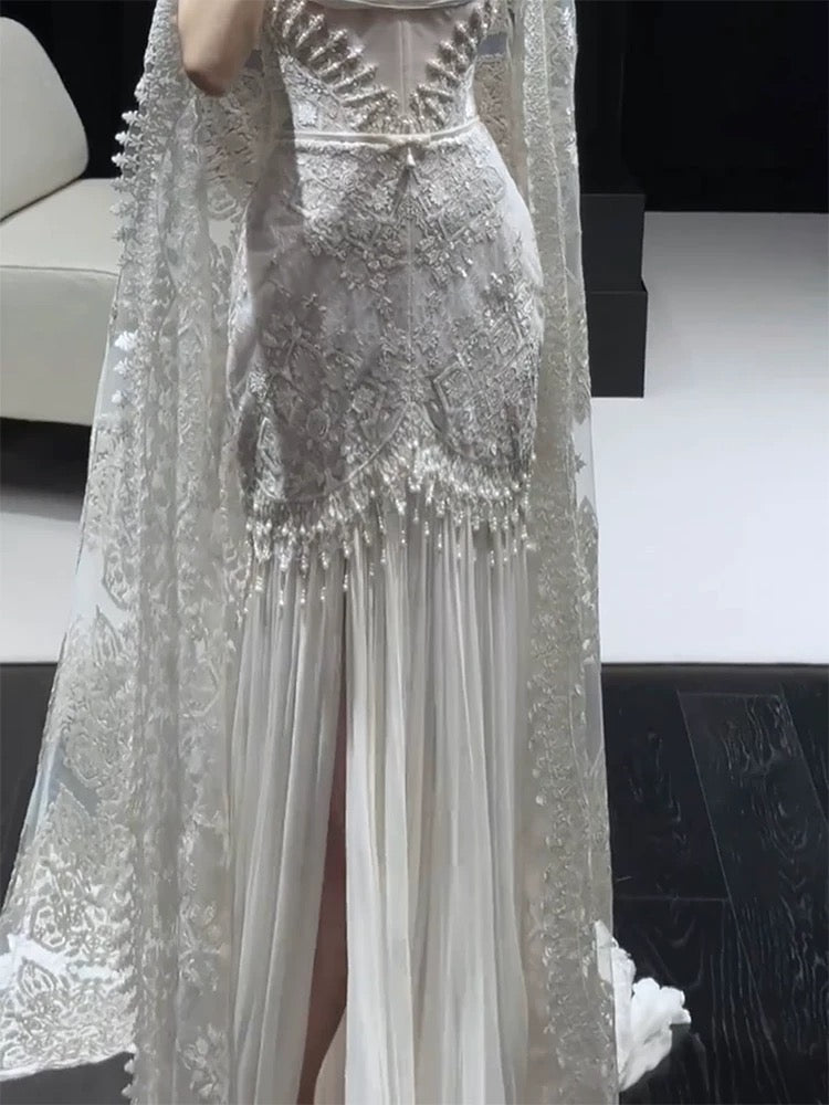 Vintage Mermaid Strapless Chiffon White With Split Brides Gown Bridal Dress Long Wedding Dresses RB5549