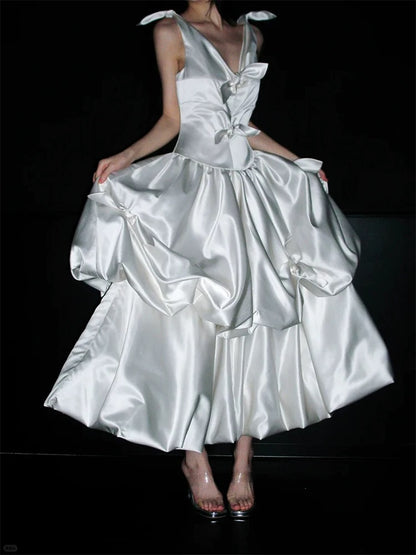 Vintage Ball Gown Off The Shoulder White Satin With Bow Brides Gown Bridal Dress Ankle Length Wedding Dresses RB5552