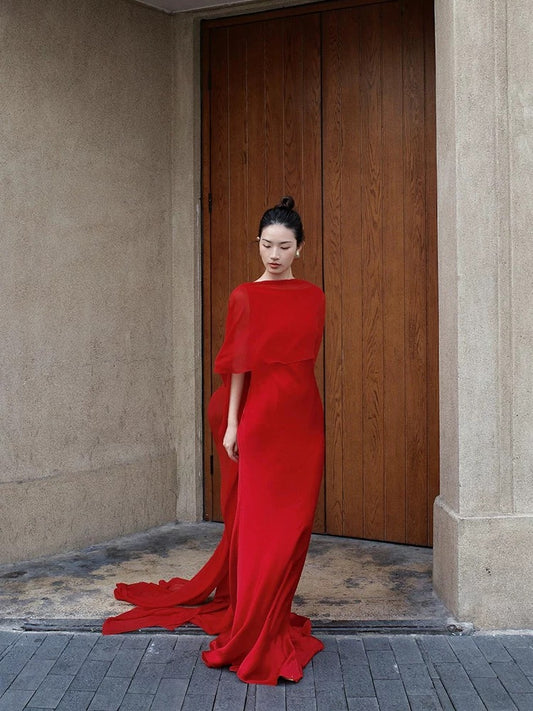 Elegant Mermaid Scoop Red Chiffon With Cape Date Night Outfits Semi Formal Prom Gown Evening Dresses RB5554